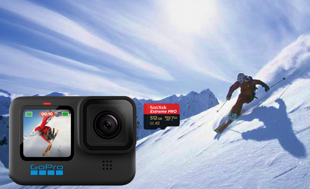 Met de GoPro HERO 10 en een geheugenkaart van SanDisk kan jij de mooiste beelden maken van de wintersport. De SanDisk Extreme Pro micro SD kaart is een goede keuze.