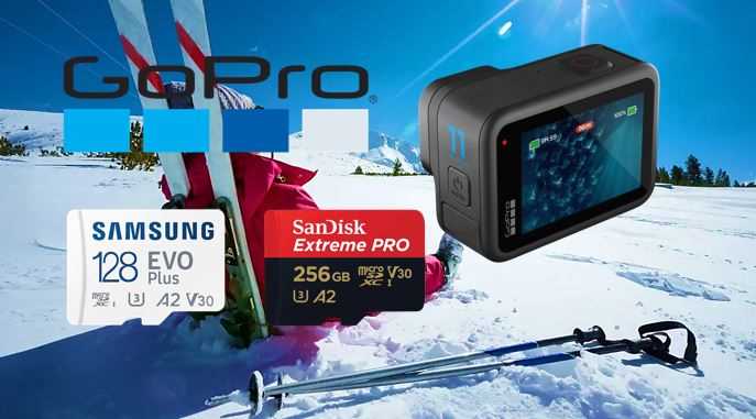 Skiën op wintersport doe je natuurlijk met de GoPro Hero 11 en een micro SD kaart, zoals de Samsung Evo Plus micro SD kaart of de SanDisk Extreme Pro micro SD kaart.